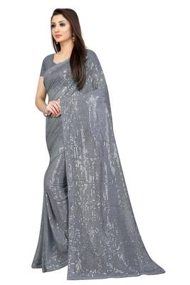 Grey Color Sequins Embroidered Bollywood Georgette Saree With Blouse 4