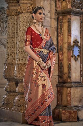 Elora Pure Silk With Jacquard Weaving Faux Banarasi Design With Stone Work Saree For Women Royal Blue  