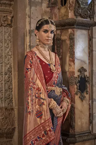 Elora Pure Silk With Jacquard Weaving Faux Banarasi Design With Stone Work Saree For Women Royal Blue  