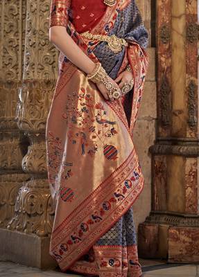 Elora Pure Silk With Jacquard Weaving Faux Banarasi Design With Stone Work Saree For Women Royal Blue   3