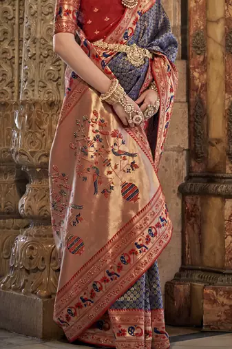 Elora Pure Silk With Jacquard Weaving Faux Banarasi Design With Stone Work Saree For Women Royal Blue  