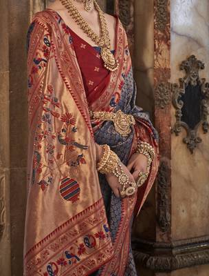 Elora Pure Silk With Jacquard Weaving Faux Banarasi Design With Stone Work Saree For Women Royal Blue   4