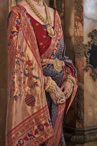 Elora Pure Silk With Jacquard Weaving Faux Banarasi Design With Stone Work Saree For Women Royal Blue  
