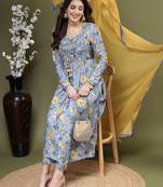 Women floral chinon embroidery or mirror work  anarkali kurta with pant set and chiffon dupatta set