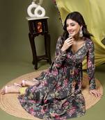 Women floral chinon embroidery or mirror work  anarkali kurta with pant set and chiffon dupatta set