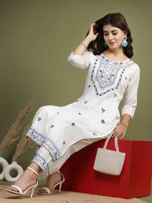 Women white color embroidery kurta palazzo set 1