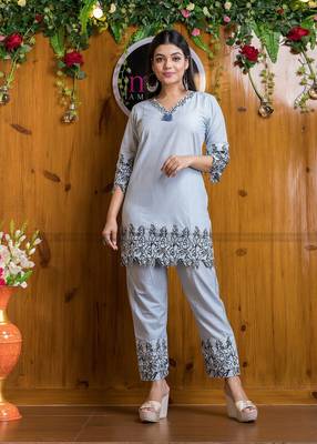 White cord Set short kurti with pant 1