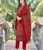 Blood red pure pashmina digital print unstitched salwar kameez with pashmina shawl print