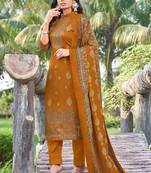 Mustard pure pashmina digital print unstitched salwar kameez with pashmina shawl print