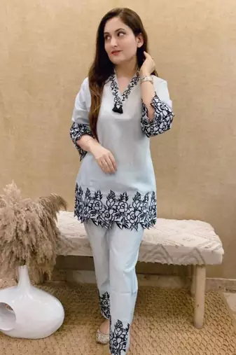 White cord Set short kurti with pant