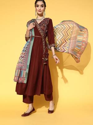 Yufta women brown floral yokedesign embroidered angrakha kurta set & digital print dupatta 1