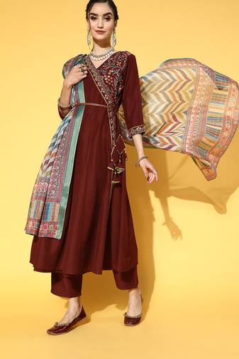 Yufta women brown floral yokedesign embroidered angrakha kurta set & digital print dupatta