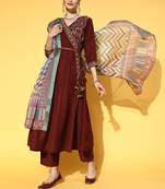 Yufta women brown floral yokedesign embroidered angrakha kurta set & digital print dupatta