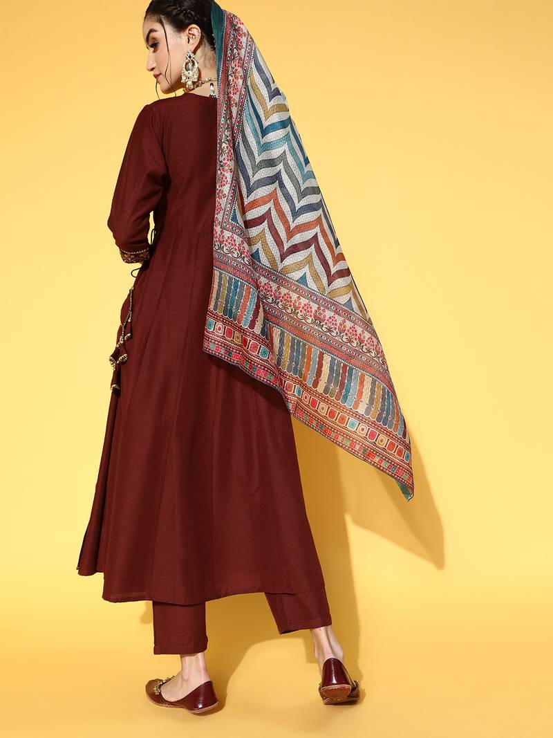 Yufta women brown floral yokedesign embroidered angrakha kurta set & digital print dupatta