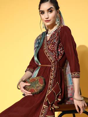 Yufta women brown floral yokedesign embroidered angrakha kurta set & digital print dupatta 4