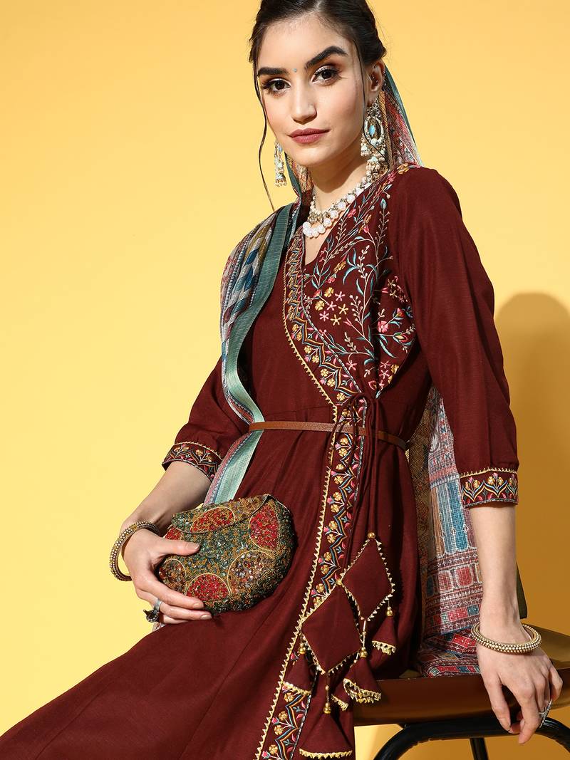 Yufta women brown floral yokedesign embroidered angrakha kurta set & digital print dupatta