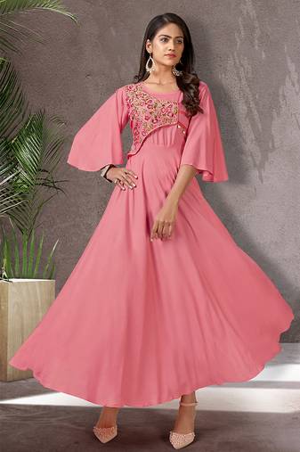 Embroidered pink color rayon long kurti