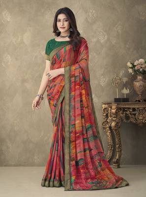 Multicolor designer print chiffon saree attached banarsi border with blouse 1