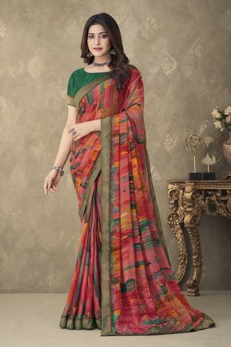 Multicolor designer print chiffon saree attached banarsi border with blouse