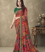 Multicolor designer print chiffon saree attached banarsi border with blouse