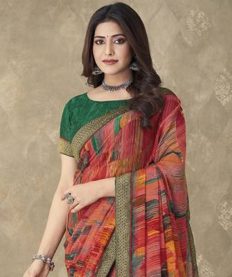 Multicolor designer print chiffon saree attached banarsi border with blouse 2
