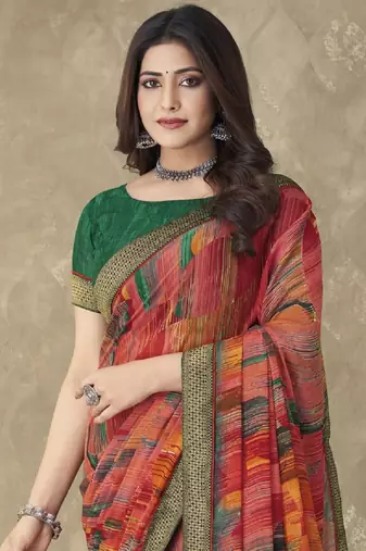 Multicolor designer print chiffon saree attached banarsi border with blouse