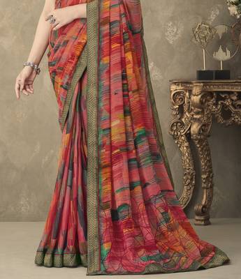 Multicolor designer print chiffon saree attached banarsi border with blouse 3