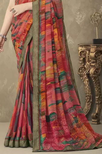 Multicolor designer print chiffon saree attached banarsi border with blouse