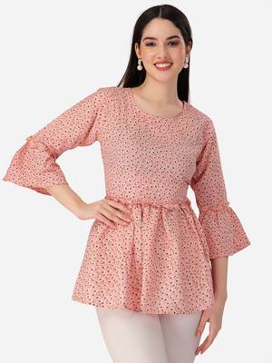 Trendy designer peach color printed crepe fabric stylish tunic 1