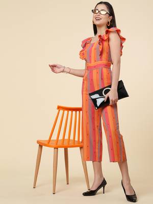 Anushil multicolour striped jumpsuit for women/girls - ruffle sleeves, ankle length, square neck style 1