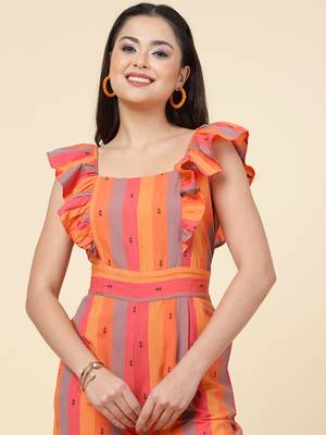 Anushil multicolour striped jumpsuit for women/girls - ruffle sleeves, ankle length, square neck style 2