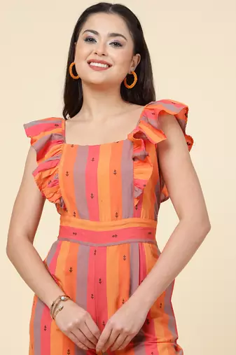 Anushil multicolour striped jumpsuit for women/girls - ruffle sleeves, ankle length, square neck style