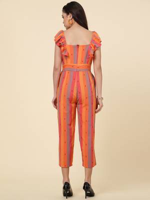 Anushil multicolour striped jumpsuit for women/girls - ruffle sleeves, ankle length, square neck style 3