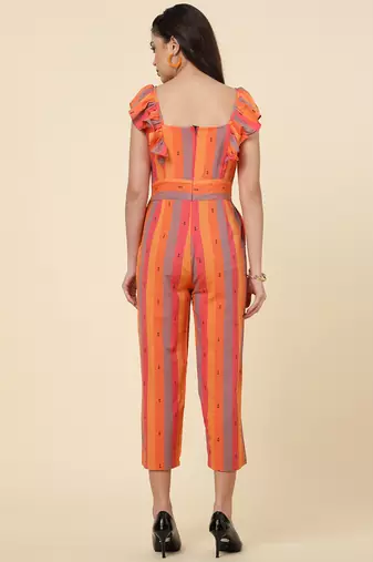 Anushil multicolour striped jumpsuit for women/girls - ruffle sleeves, ankle length, square neck style