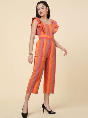 Anushil multicolour striped jumpsuit for women/girls - ruffle sleeves, ankle length, square neck style 4