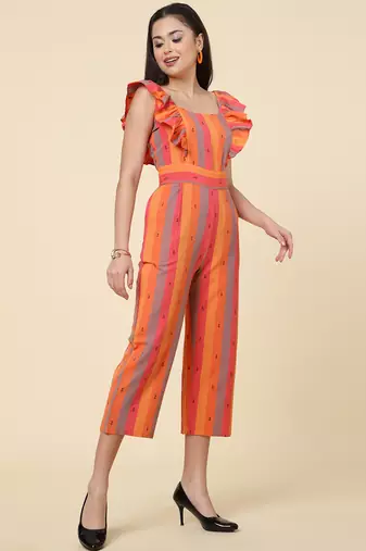 Anushil multicolour striped jumpsuit for women/girls - ruffle sleeves, ankle length, square neck style