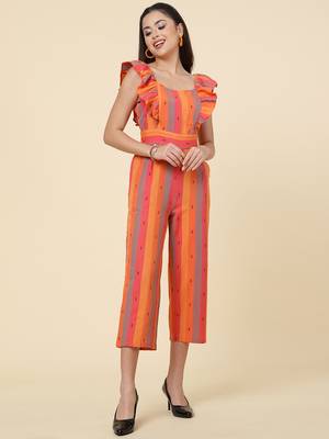 Anushil multicolour striped jumpsuit for women/girls - ruffle sleeves, ankle length, square neck style 5