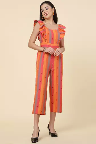 Anushil multicolour striped jumpsuit for women/girls - ruffle sleeves, ankle length, square neck style