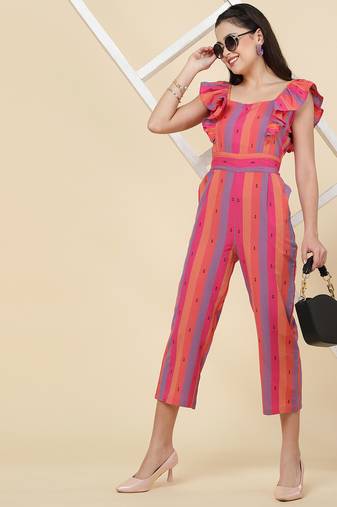 Anushil multicolour striped jumpsuit for women/girls - ruffle sleeves, ankle length,square neck style