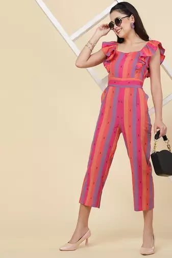 Anushil multicolour striped jumpsuit for women/girls - ruffle sleeves, ankle length,square neck style