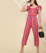 Anushil multicolour striped jumpsuit for women/girls - ruffle sleeves, ankle length,square neck style