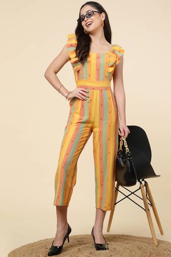 Anushil multicolour striped jumpsuit for women/girls - ruffle sleeves, ankle length, square neck style