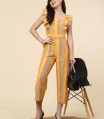 Anushil multicolour striped jumpsuit for women/girls - ruffle sleeves, ankle length, square neck style