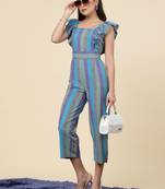 Anushil multicolour striped jumpsuit for women/girls - ruffle sleeves, ankle length,square neck style