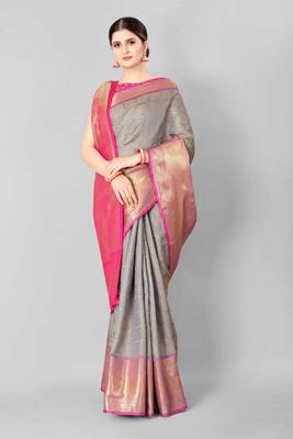 Silk Land  Grey   Woven Design Silk Blend Saree  1