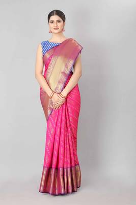 Silk Land  Pink   Woven Design Silk Blend Saree  1