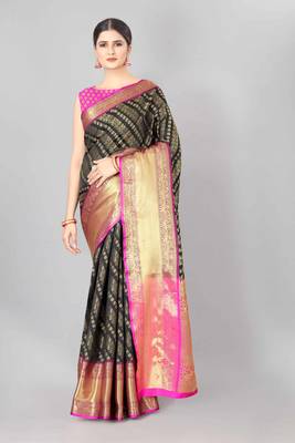 Silk Land  Mehndi   Woven Design Faux Banarasi Silk Saree  1