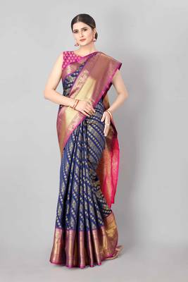 Silk Land  Navy Blue    Woven Design Faux Banarasi Silk Saree  1