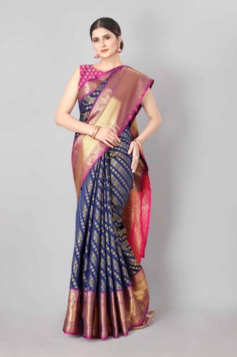 Silk Land  Navy Blue    Woven Design Faux Banarasi Silk Saree 