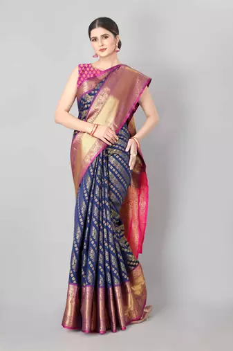 Silk Land  Navy Blue    Woven Design Faux Banarasi Silk Saree 